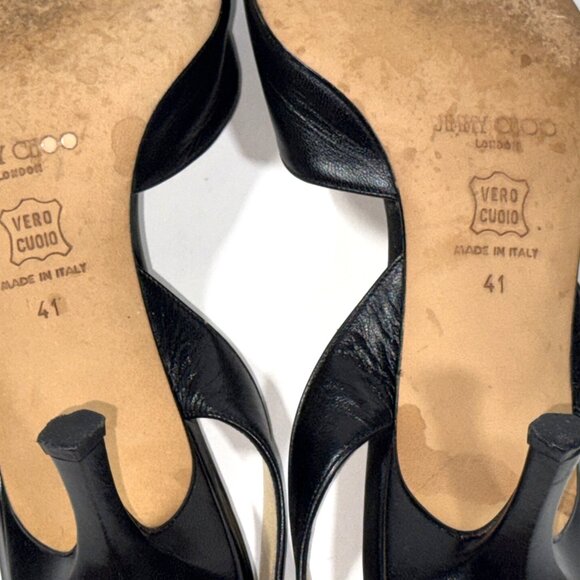 VTG Jimmy Choo Black Leather Pointed Slingback Kitten Pumps Stiletto Heels 41 11 - Picture 10 of 13